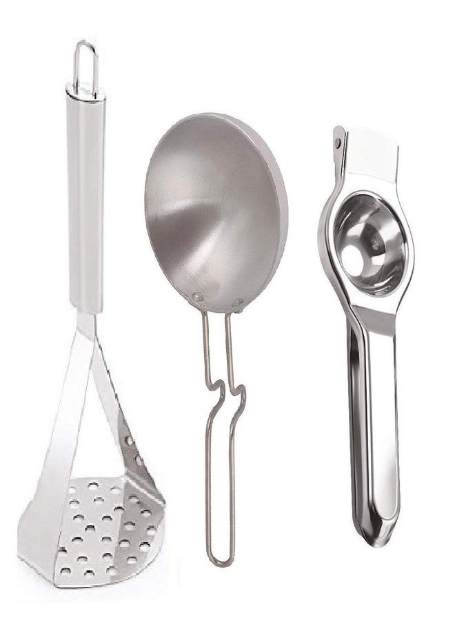 First Front Stainless Steel Kitchen Combo Set of Potato Vegetables Pav Bhaji Masher, Aluminium Tadka Pan & Lemon Squeezer - Image 1